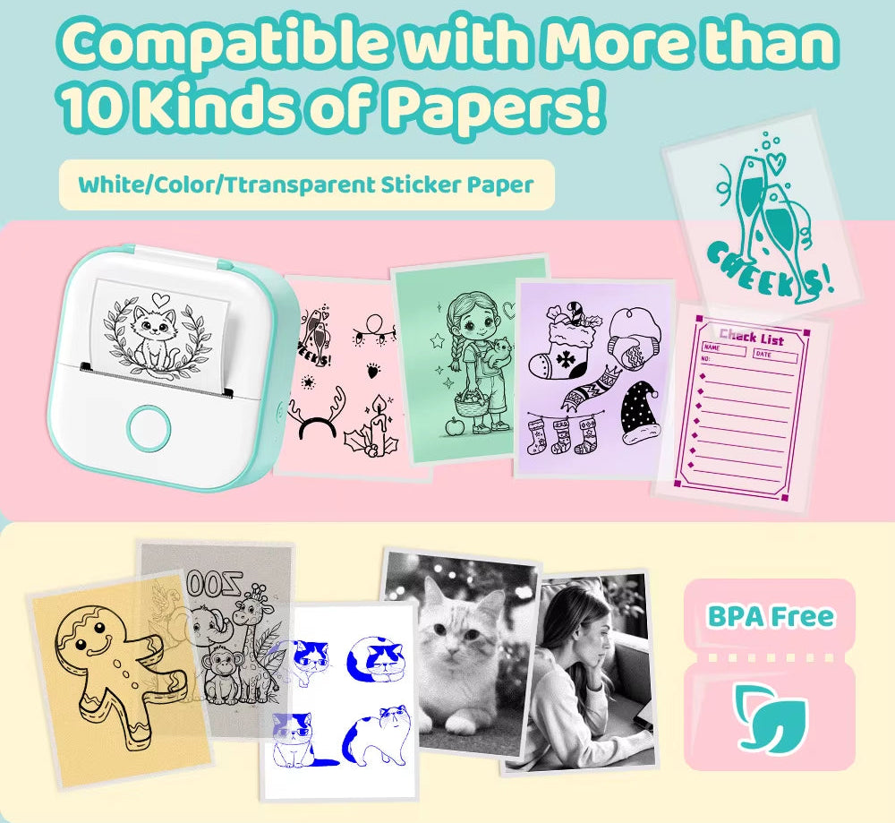T02 Mini Thermal Printer Wireless Mini Pocket Printer, Adhesive Sticker Printer for DIY, Journal, Student Birthday Gift